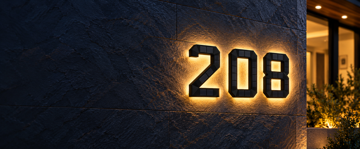 Example address 208 composed of three individually sold solar house number lights
