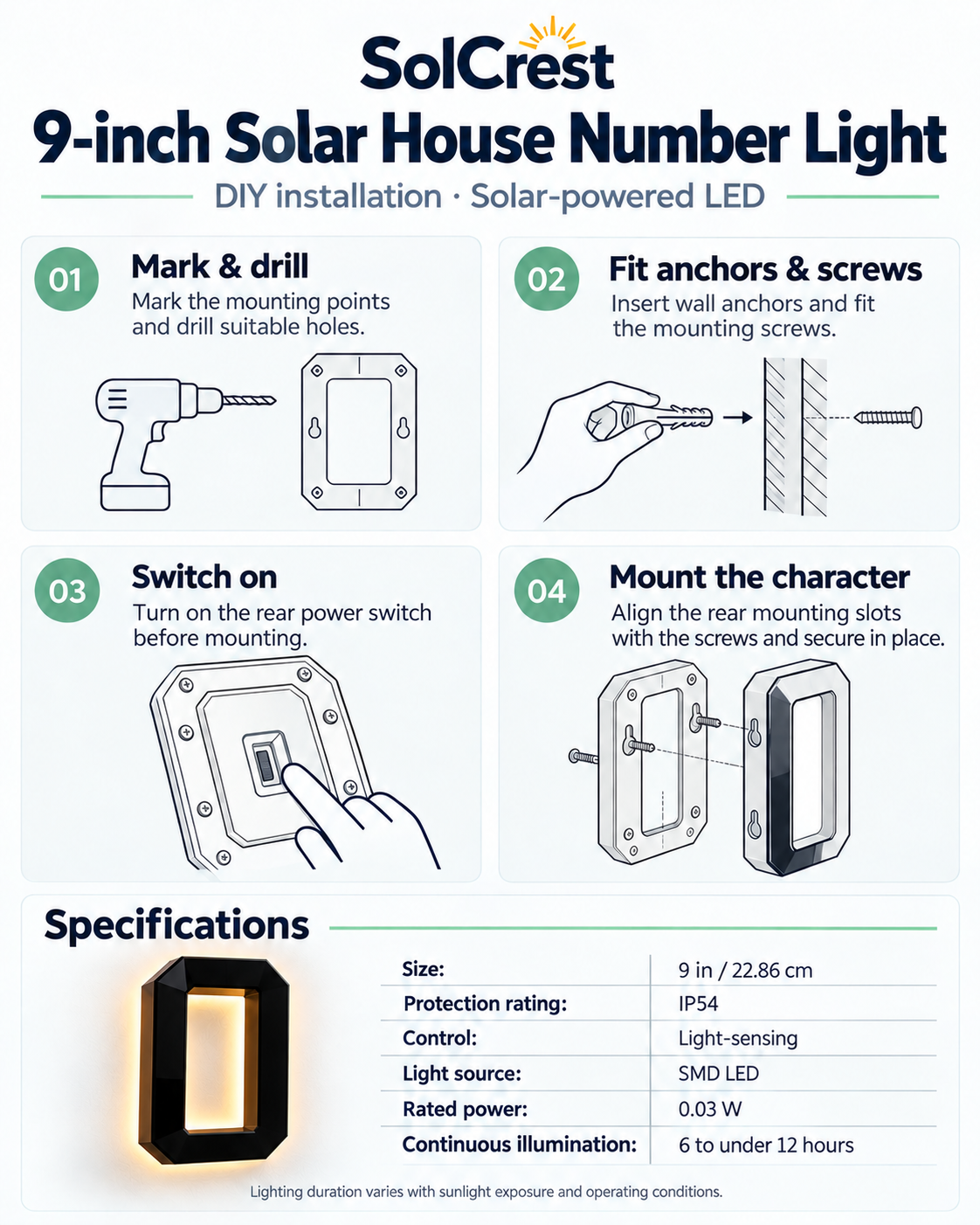 SolCrest 9-inch solar house number light: four-step DIY installation guide and specifications, IP54, light-sensing control, SMD LED, 0.03 W, 6 to under 12 hours